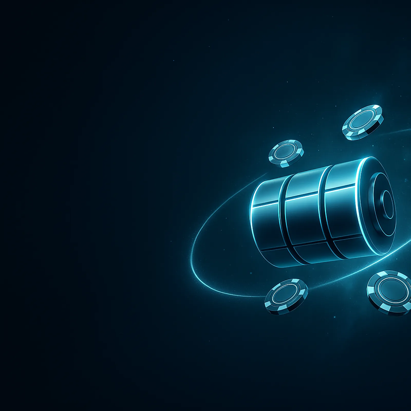 Deep space hero illustration with glowing slot reels and casino chips floating weightlessly among nebula haze, orbit rings an