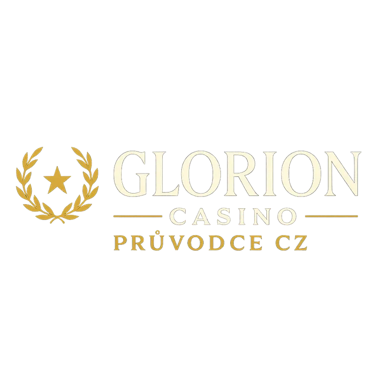 Glorion Casino Průvodce CZ horizontal wordmark logo featuring gold laurel wreath emblem with ivory serif text on transparent 